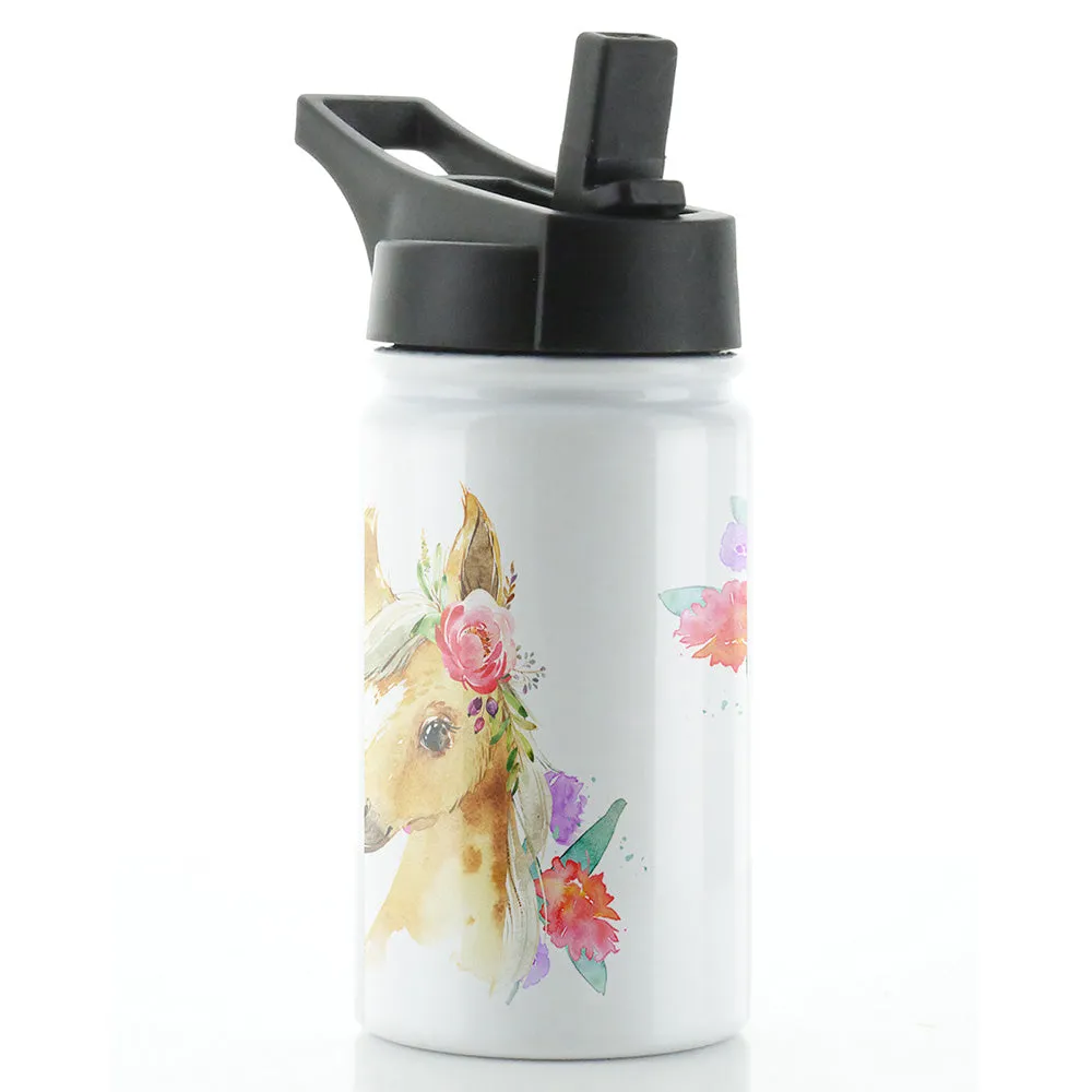 Personalised Palomino Flower and Name White Sports Flask