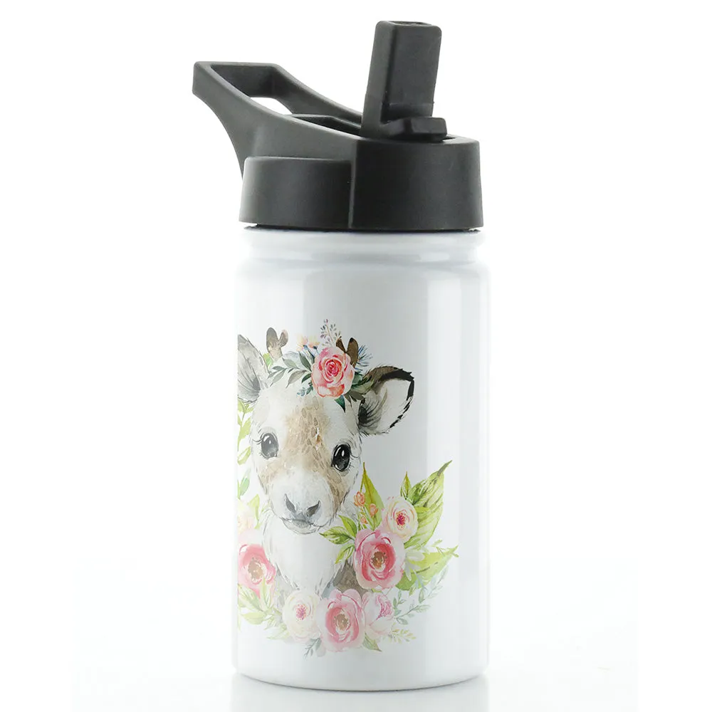 Personalised Reindeer Pink Flower and Name White Sports Flask