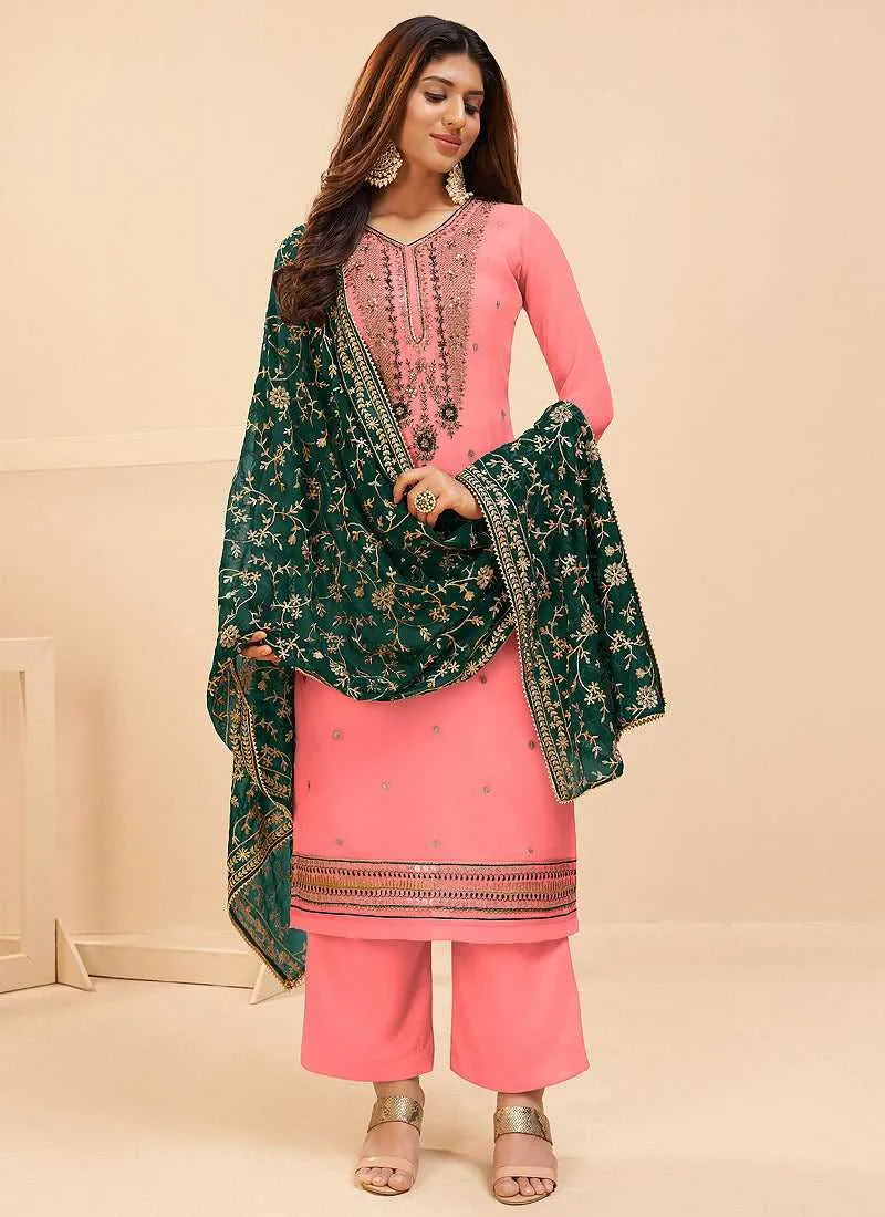 Pink and Green Embroidered Pant Style Suit