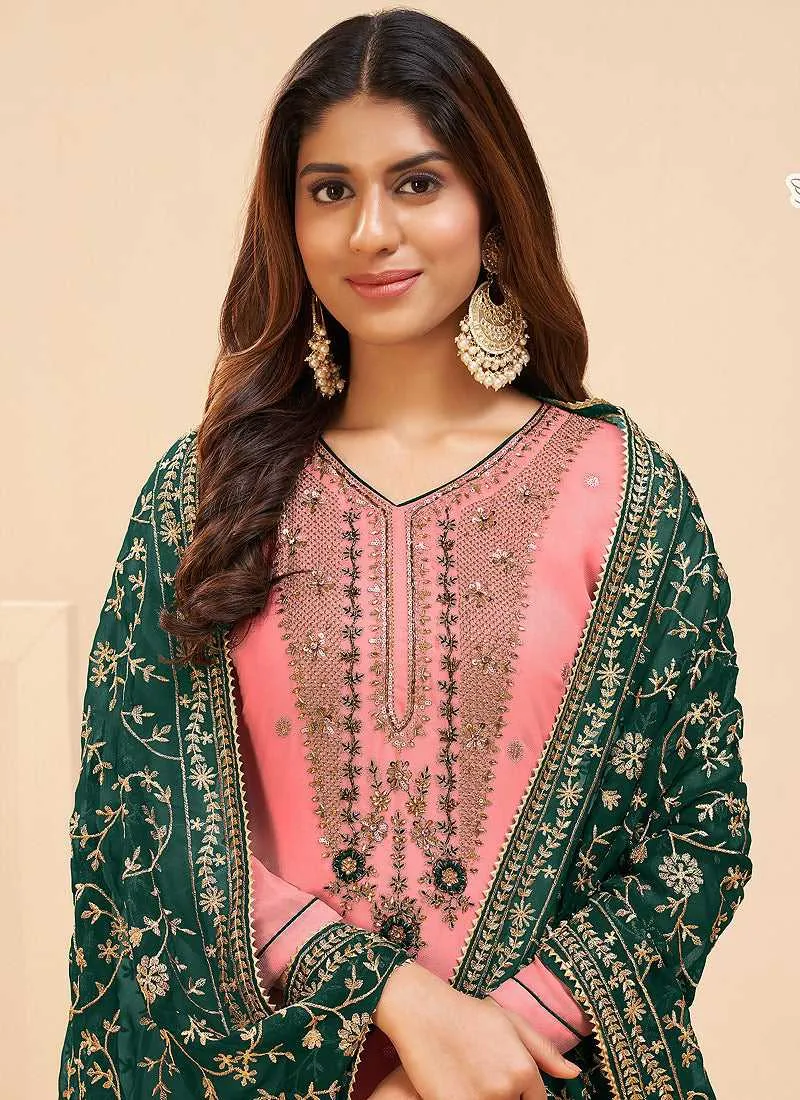 Pink and Green Embroidered Pant Style Suit