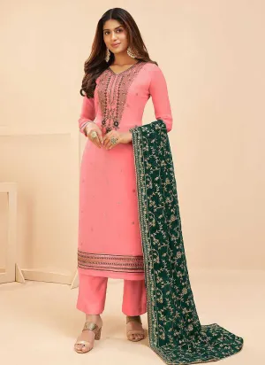 Pink and Green Embroidered Pant Style Suit