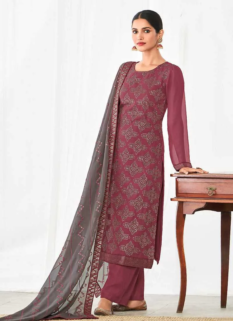 Pink and Grey Embroidered Straight Pant Style Suit