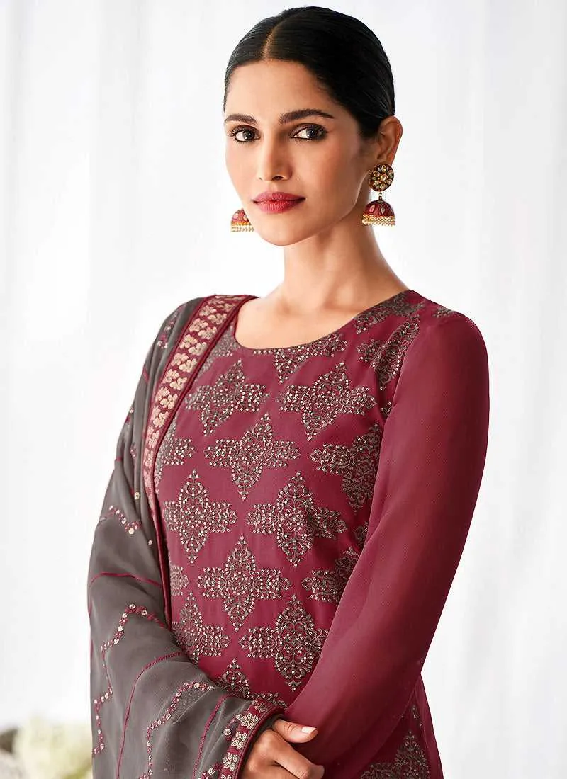 Pink and Grey Embroidered Straight Pant Style Suit