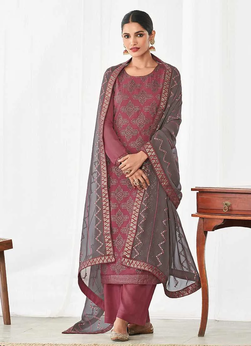 Pink and Grey Embroidered Straight Pant Style Suit