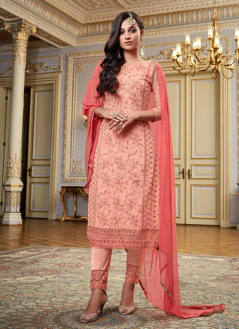 Pink Floral Embroidered Straight Pant Style Suit
