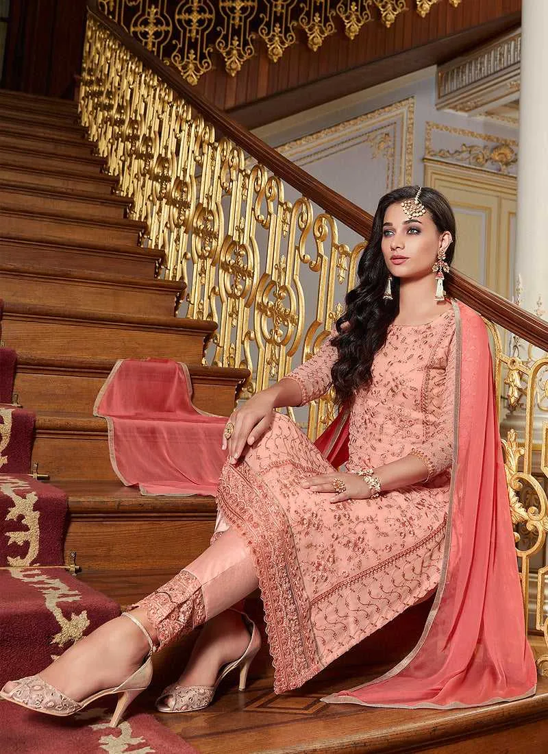 Pink Floral Embroidered Straight Pant Style Suit