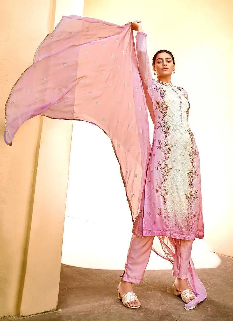 Pink Floral Print Embroidered Straight Pant Suit