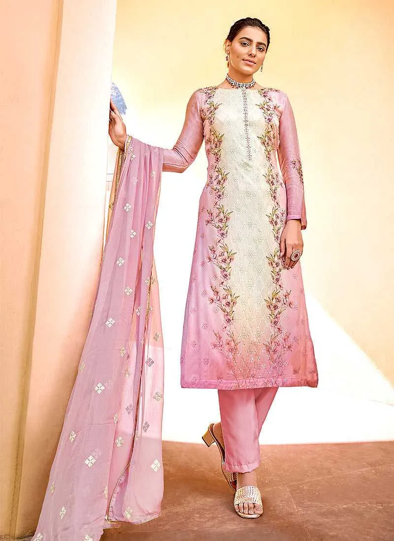 Pink Floral Print Embroidered Straight Pant Suit