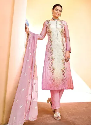 Pink Floral Print Embroidered Straight Pant Suit