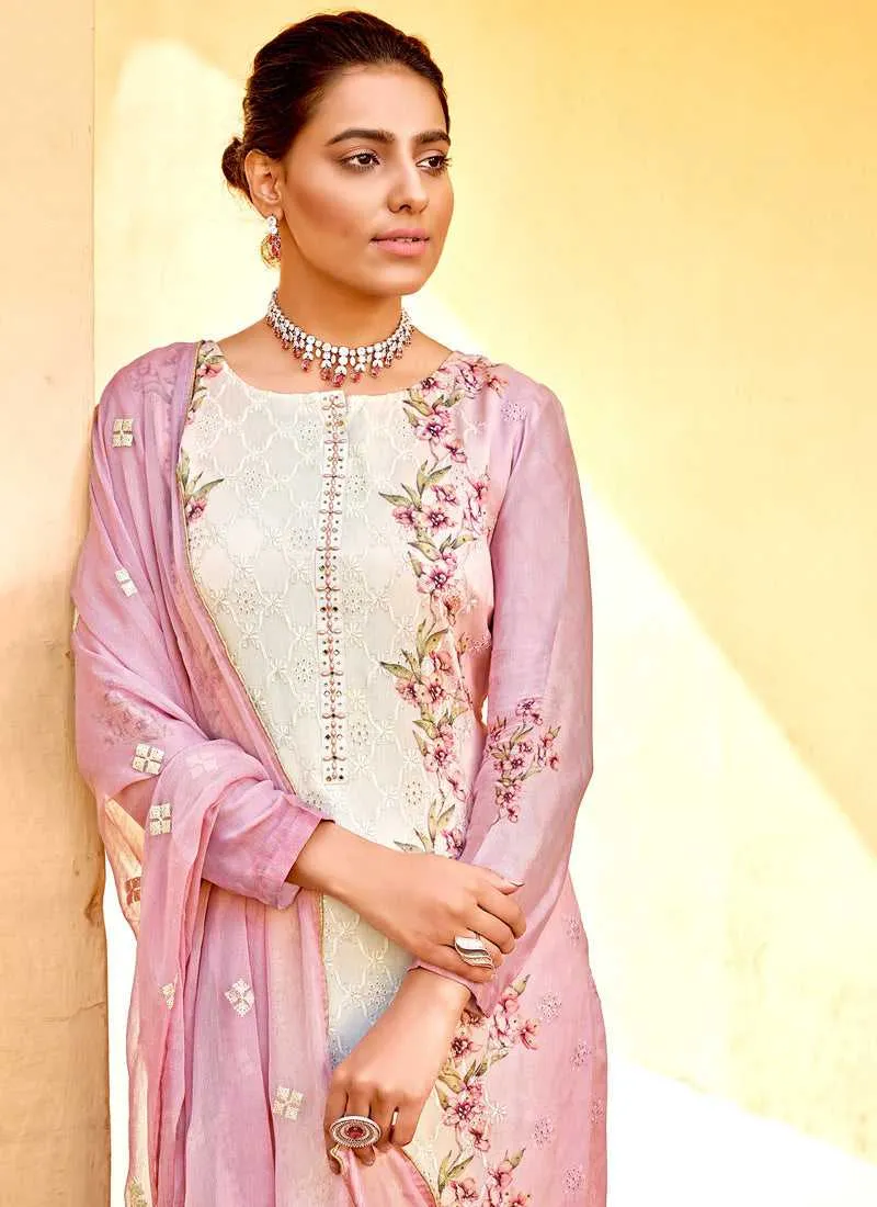 Pink Floral Print Embroidered Straight Pant Suit