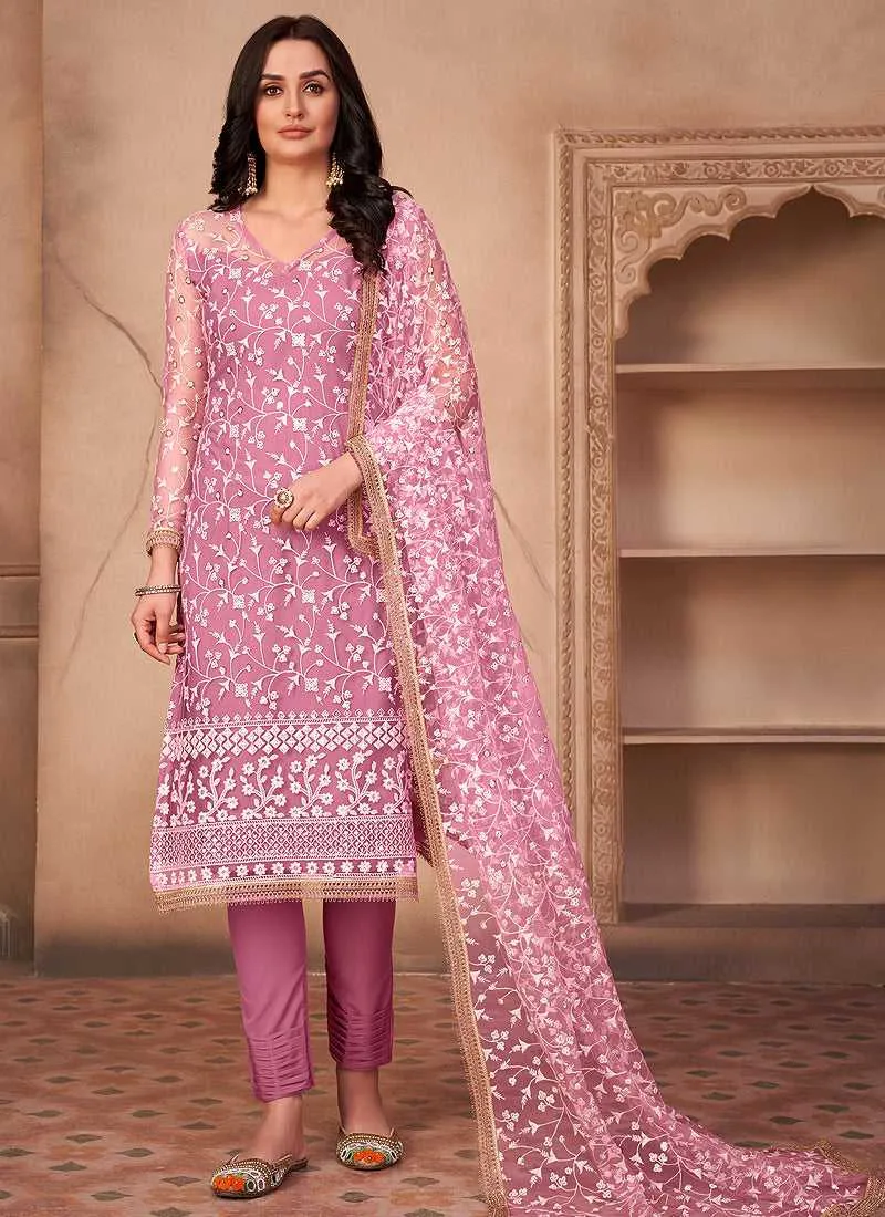 Pink Heavy Embroidered Pant Style Suit