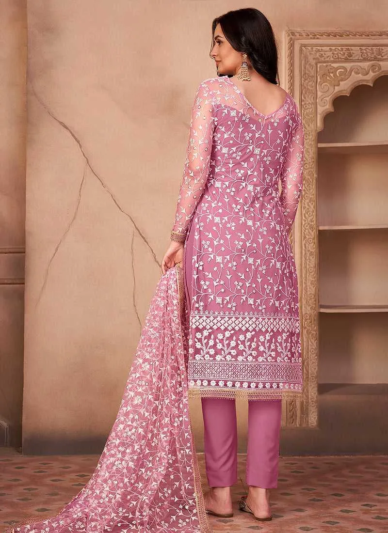 Pink Heavy Embroidered Pant Style Suit