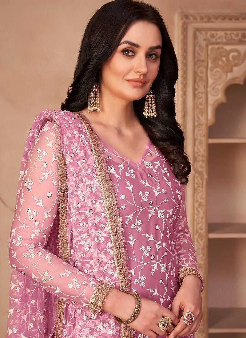 Pink Heavy Embroidered Pant Style Suit