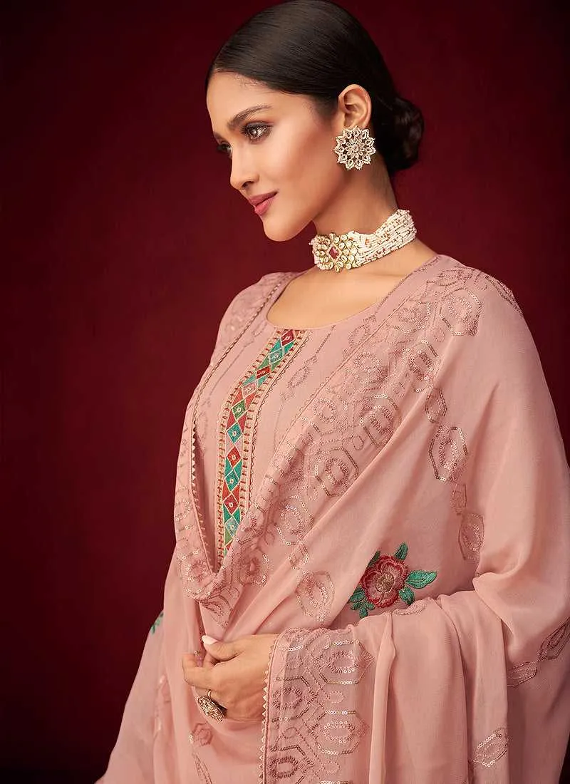 Pink Sequins Embroidered Straight Pant Style Suit