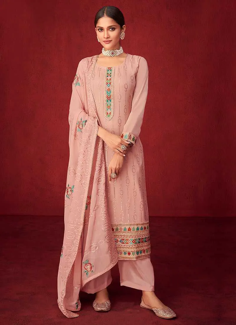 Pink Sequins Embroidered Straight Pant Style Suit