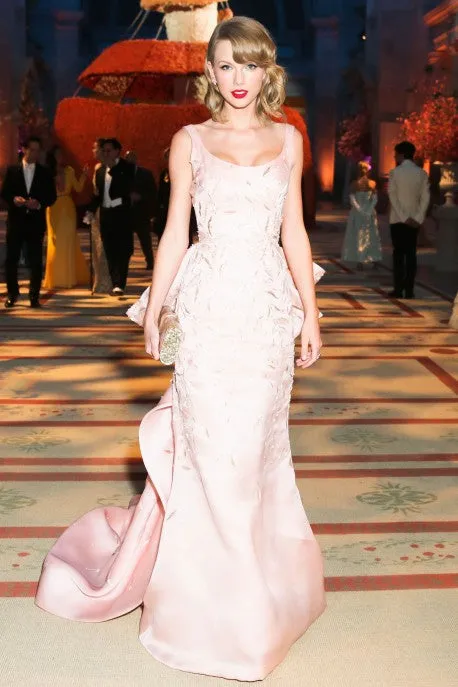 Pink Taylor Swift Round Neck V Back Sequins Dress Long Prom Best Red Carpet formal Dress Met Gala