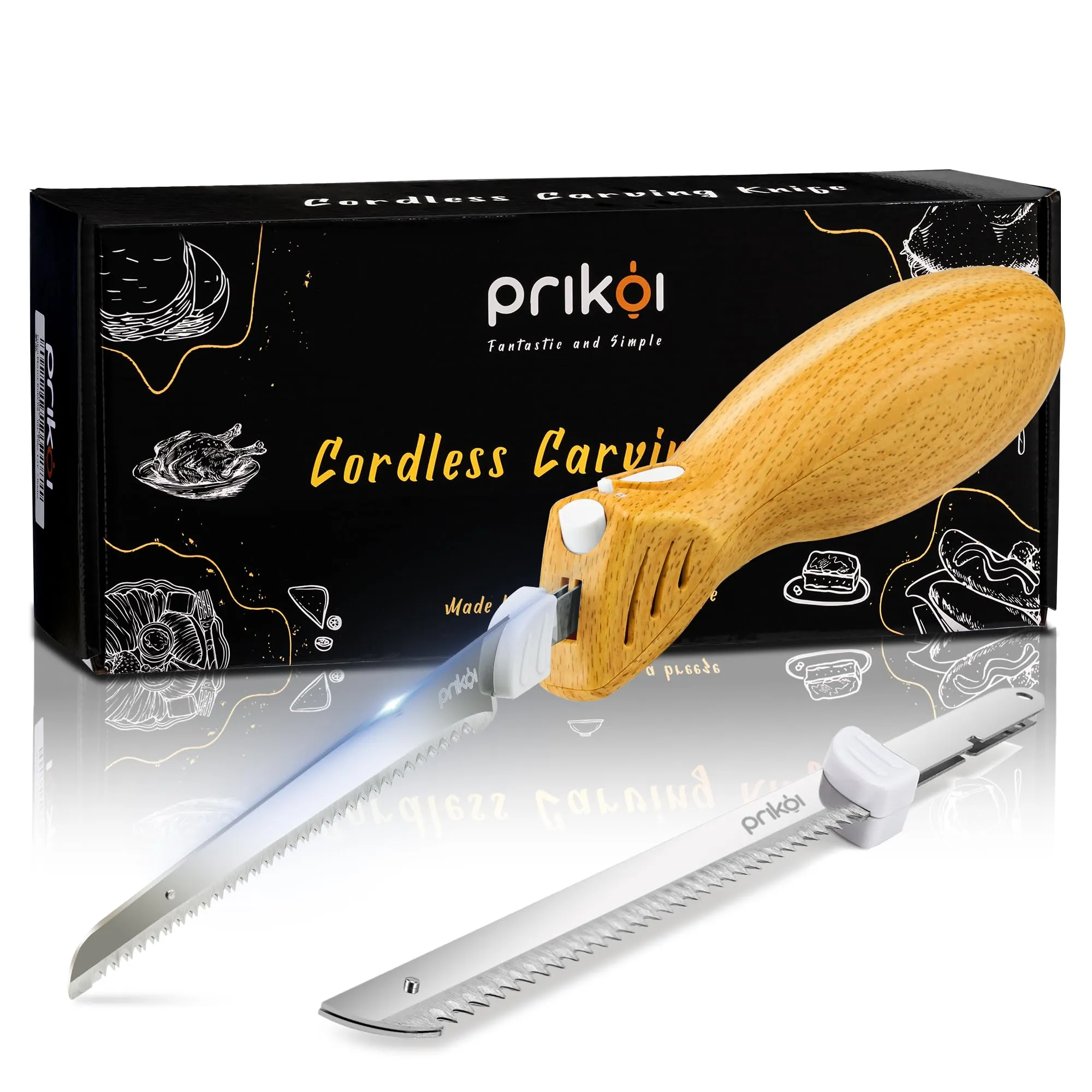 Prikoi Cordless Electric Knife, Easy-Slice Serrated Edge Blades for Carving Turkey, Bread, Fillet, DIY, Ergonomic Handle   2 Blades