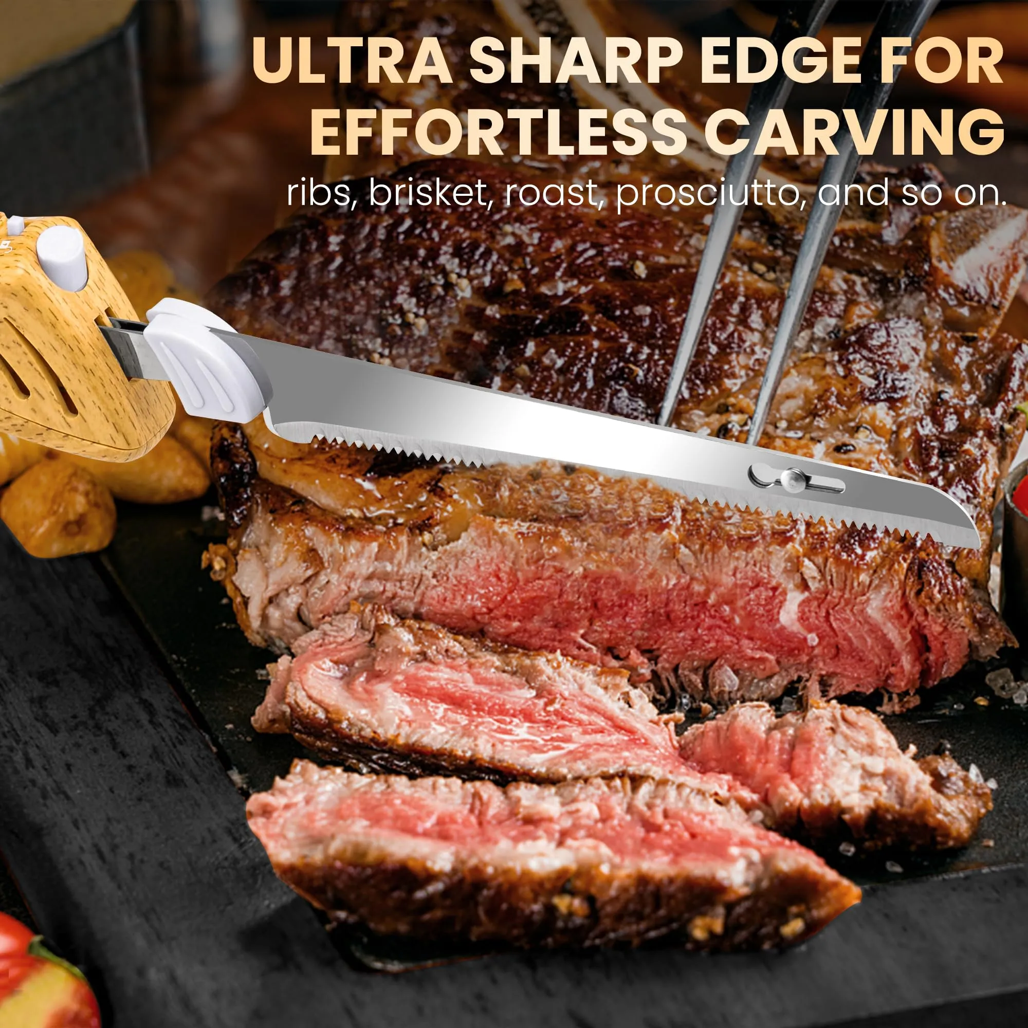 Prikoi Cordless Electric Knife, Easy-Slice Serrated Edge Blades for Carving Turkey, Bread, Fillet, DIY, Ergonomic Handle   2 Blades