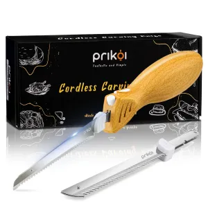 Prikoi Cordless Electric Knife, Easy-Slice Serrated Edge Blades for Carving Turkey, Bread, Fillet, DIY, Ergonomic Handle   2 Blades