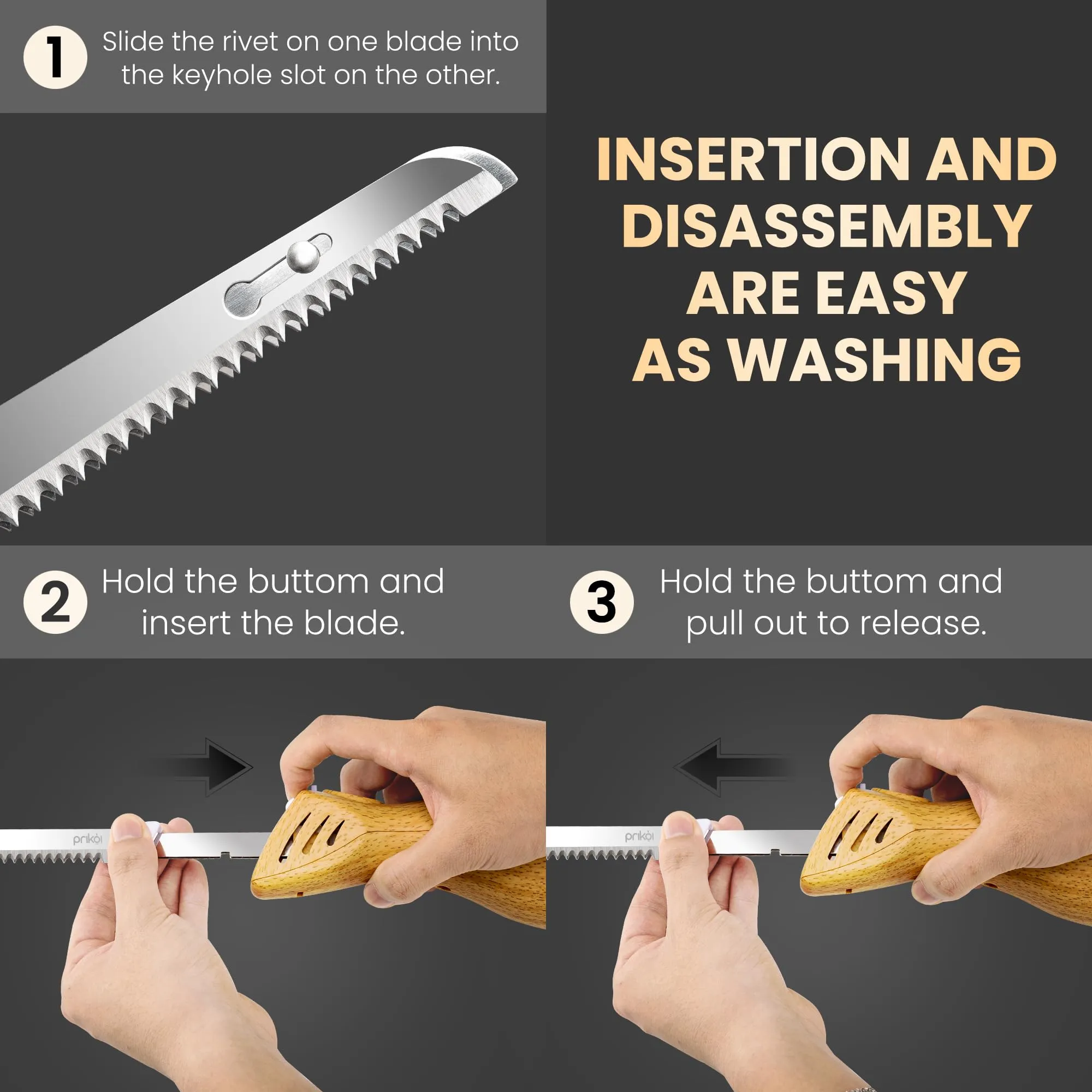 Prikoi Cordless Electric Knife, Easy-Slice Serrated Edge Blades for Carving Turkey, Bread, Fillet, DIY, Ergonomic Handle   2 Blades