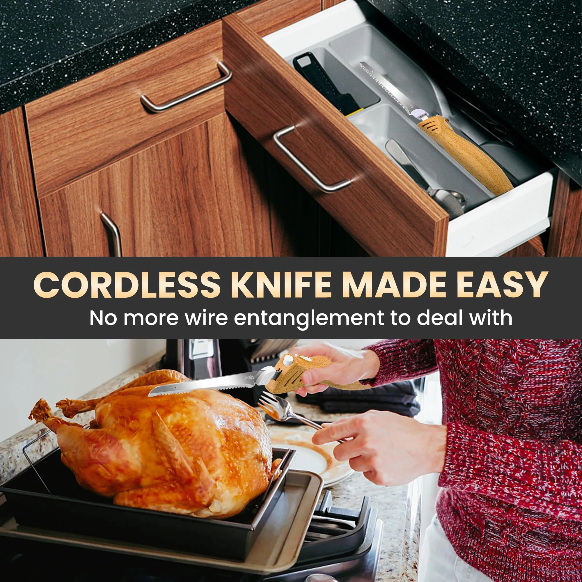 Prikoi Cordless Electric Knife, Easy-Slice Serrated Edge Blades for Carving Turkey, Bread, Fillet, DIY, Ergonomic Handle   2 Blades