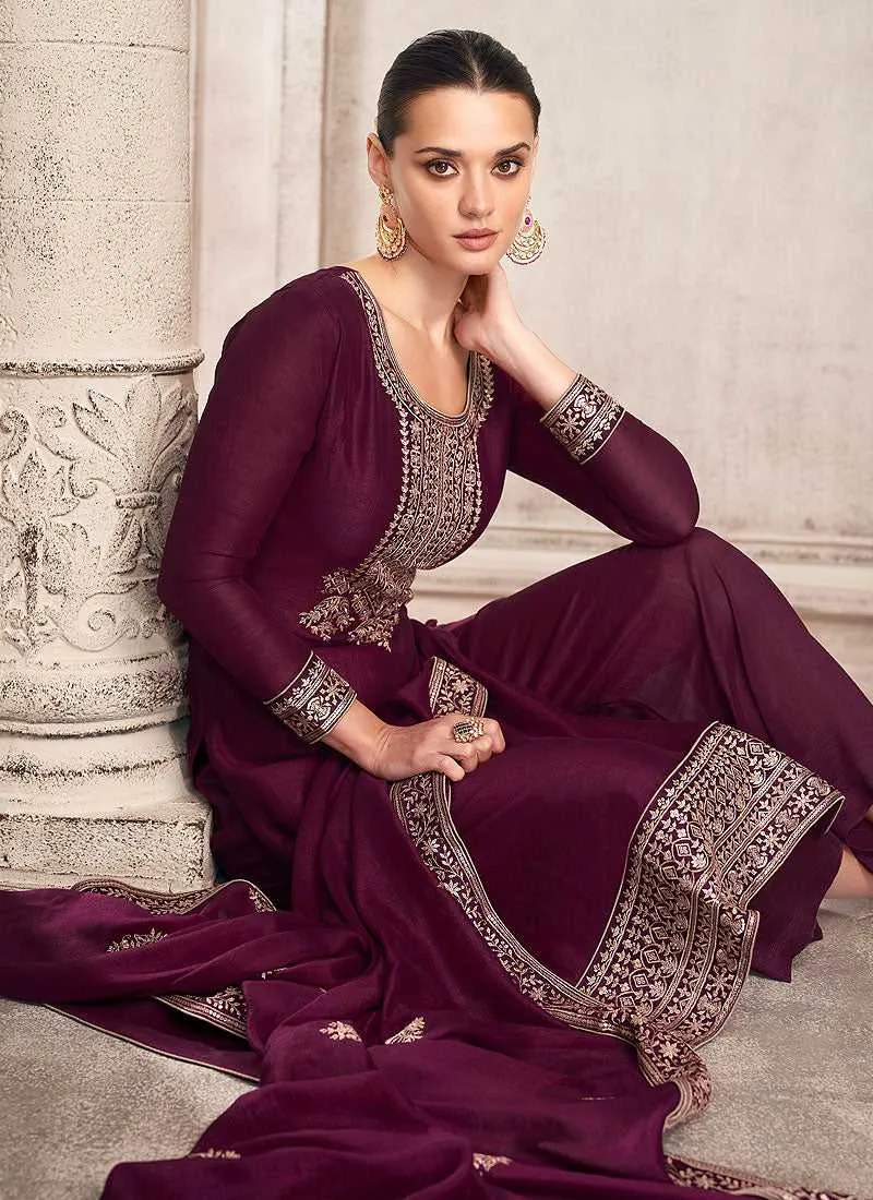 Purple and Gold Embroidered Pant Style Suit