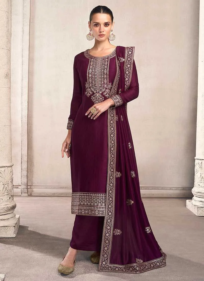 Purple and Gold Embroidered Pant Style Suit