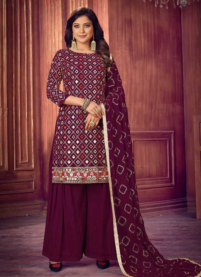 Purple Mirror Embroidered Sharara Style Suit