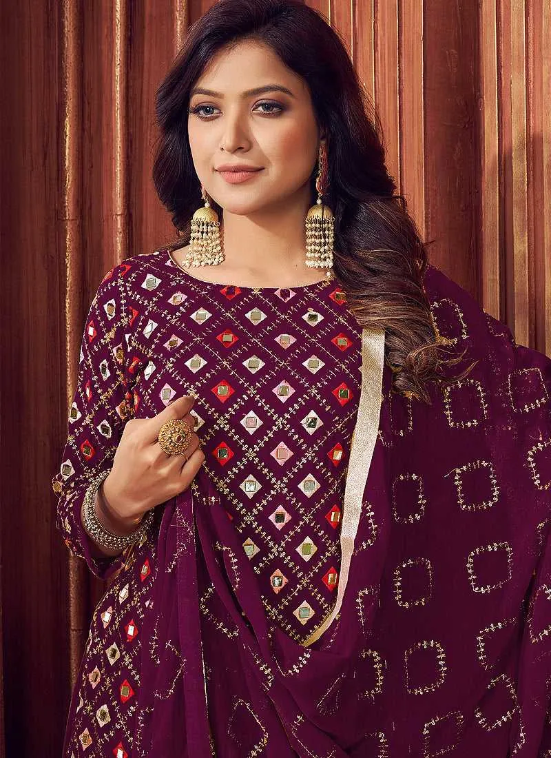 Purple Mirror Embroidered Sharara Style Suit