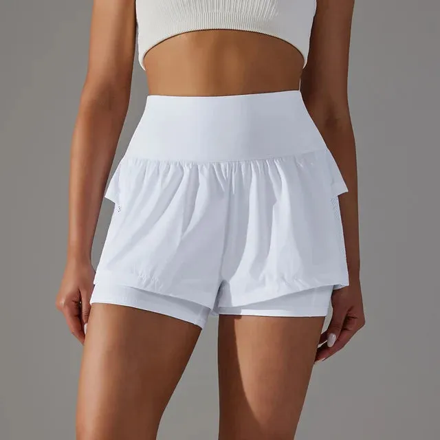 Quick-Drying High Waist Crossover Mesh 2 In 1 Running Shorts for Women - Workout Athletic Gym Yoga Shorts with Inner Pocket