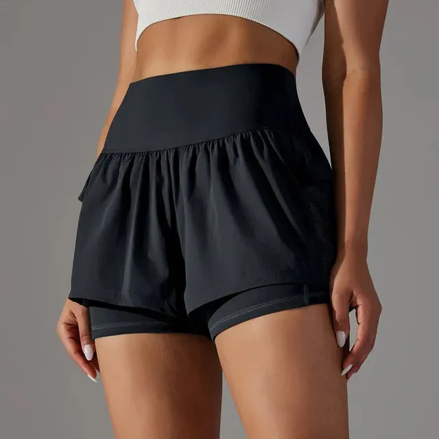 Quick-Drying High Waist Crossover Mesh 2 In 1 Running Shorts for Women - Workout Athletic Gym Yoga Shorts with Inner Pocket