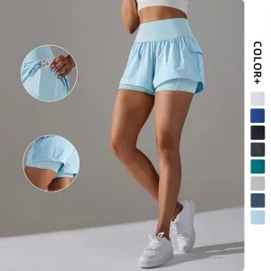 Quick-Drying High Waist Crossover Mesh 2 In 1 Running Shorts for Women - Workout Athletic Gym Yoga Shorts with Inner Pocket