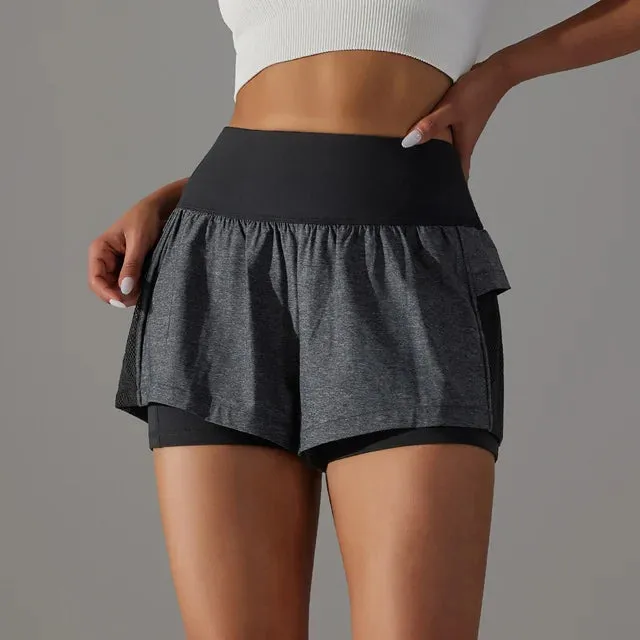 Quick-Drying High Waist Crossover Mesh 2 In 1 Running Shorts for Women - Workout Athletic Gym Yoga Shorts with Inner Pocket