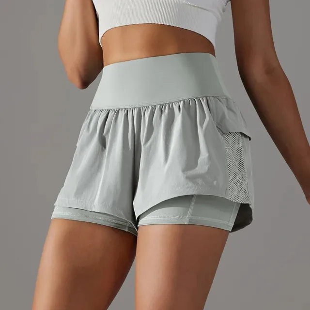 Quick-Drying High Waist Crossover Mesh 2 In 1 Running Shorts for Women - Workout Athletic Gym Yoga Shorts with Inner Pocket