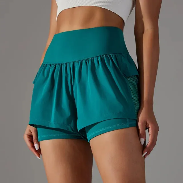 Quick-Drying High Waist Crossover Mesh 2 In 1 Running Shorts for Women - Workout Athletic Gym Yoga Shorts with Inner Pocket
