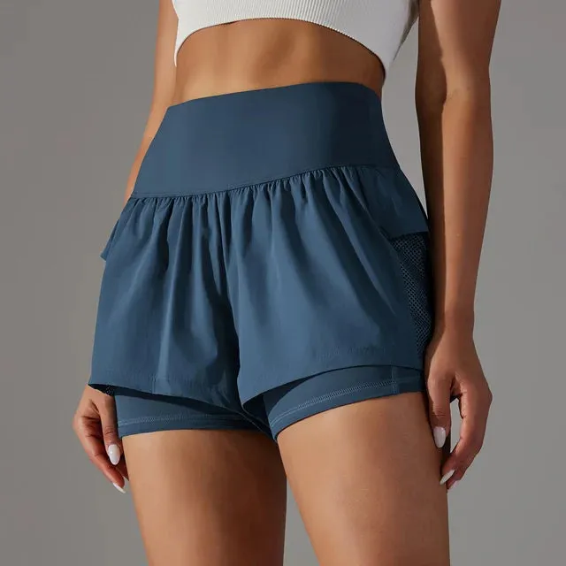 Quick-Drying High Waist Crossover Mesh 2 In 1 Running Shorts for Women - Workout Athletic Gym Yoga Shorts with Inner Pocket
