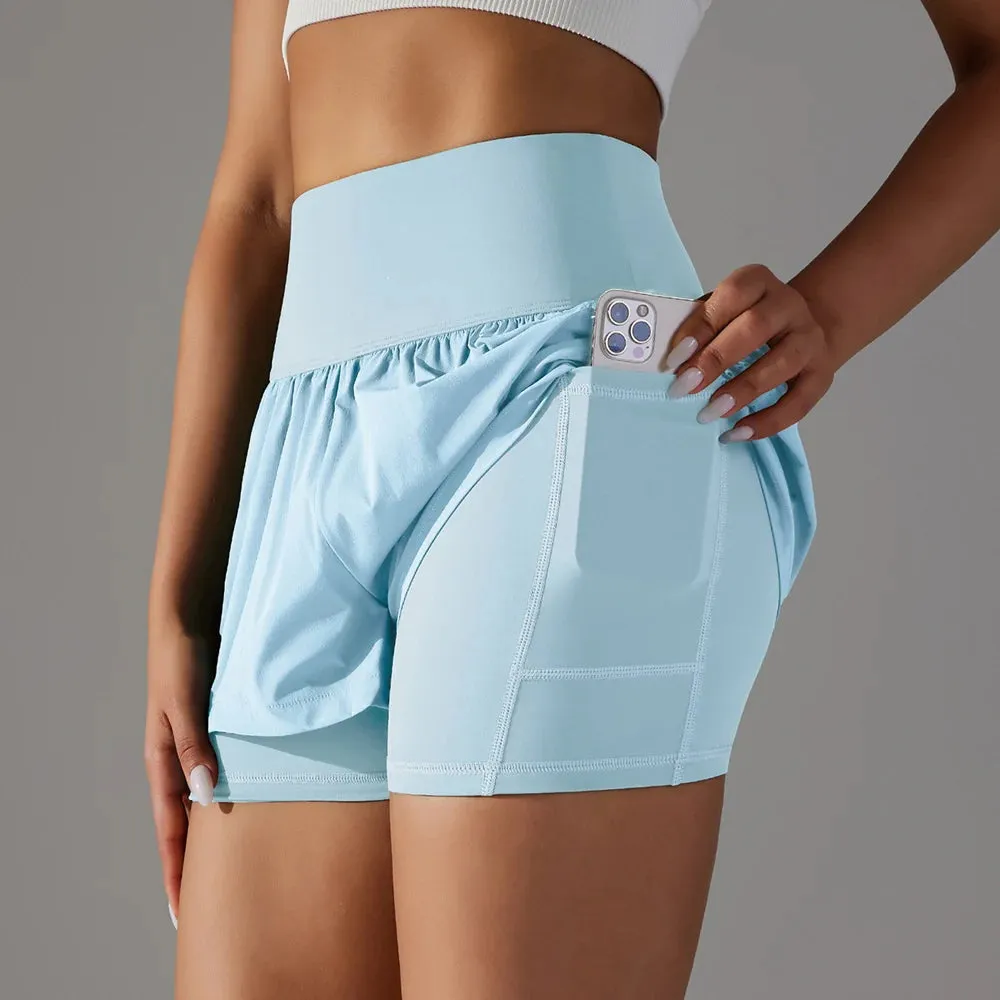 Quick-Drying High Waist Crossover Mesh 2 In 1 Running Shorts for Women - Workout Athletic Gym Yoga Shorts with Inner Pocket