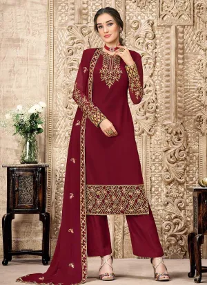 Red and Gold Straight Cut Embroidered Pant Style Suit