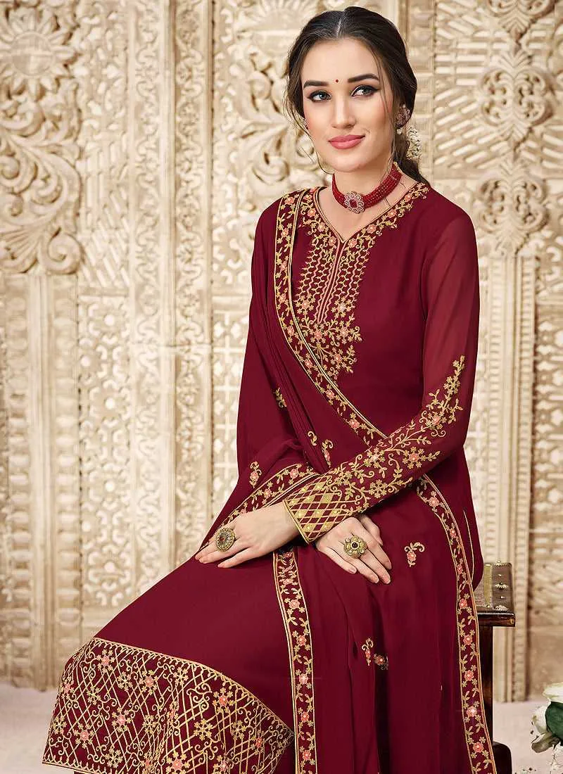 Red and Gold Straight Cut Embroidered Pant Style Suit