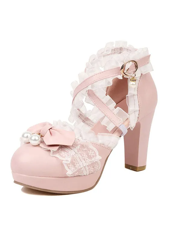 ROCOCO Style Lolita Footwear Black Bows Ruffles Pearls Round Toe PU Leather Lolita Pumps