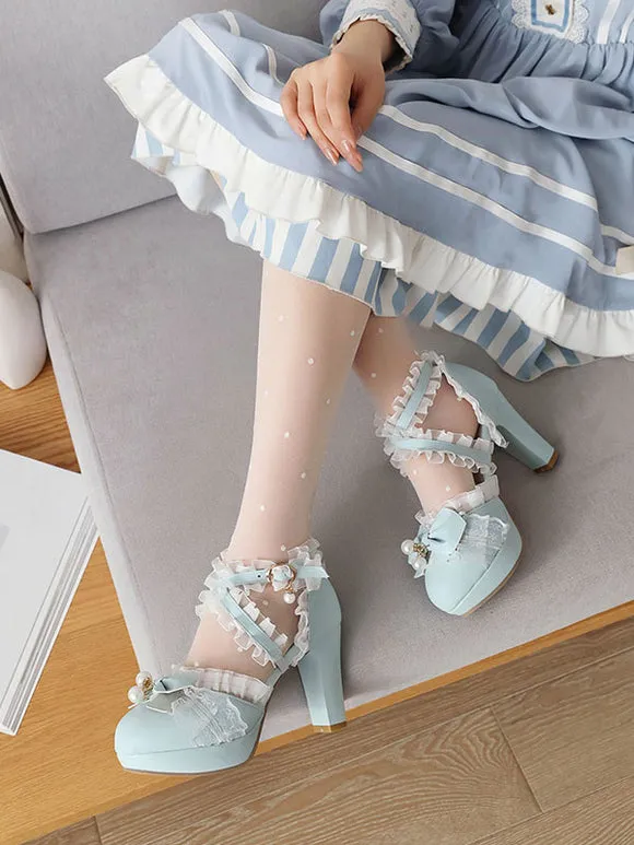 ROCOCO Style Lolita Footwear Black Bows Ruffles Pearls Round Toe PU Leather Lolita Pumps
