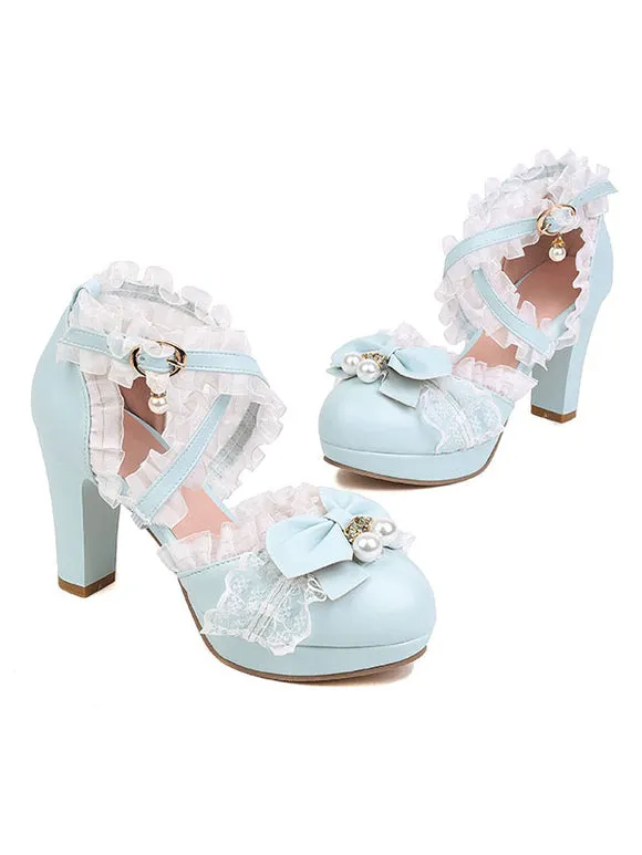 ROCOCO Style Lolita Footwear Black Bows Ruffles Pearls Round Toe PU Leather Lolita Pumps