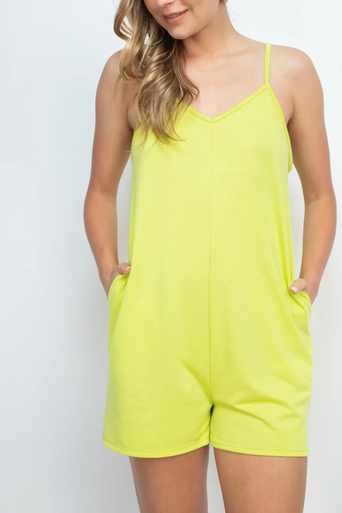 Solid Cami Strap Romper with Side Pockets