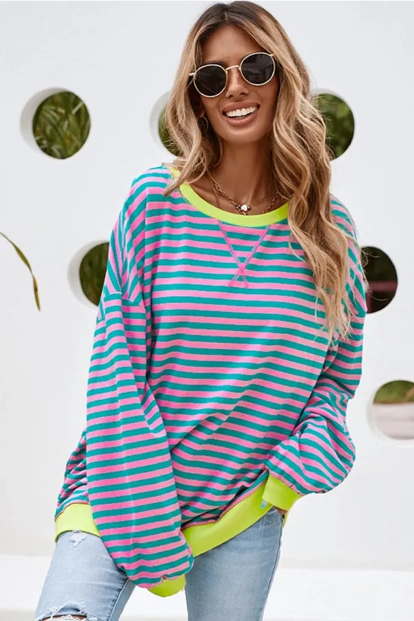 Stripe Contrast Trim Oversized Pullover Sweatshirt