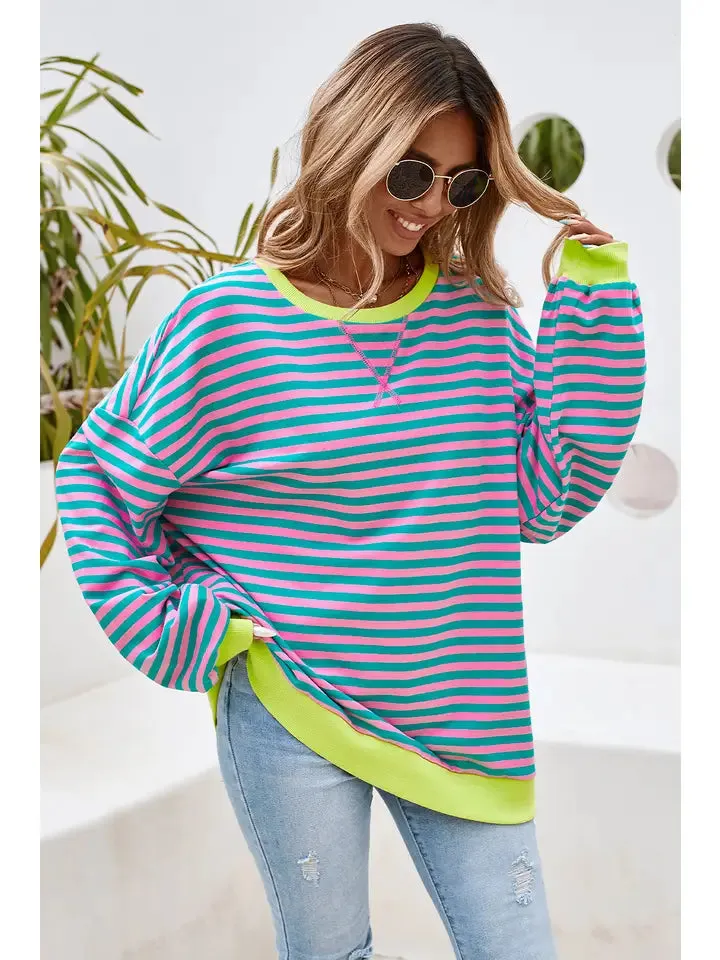 Stripe Contrast Trim Oversized Pullover Sweatshirt