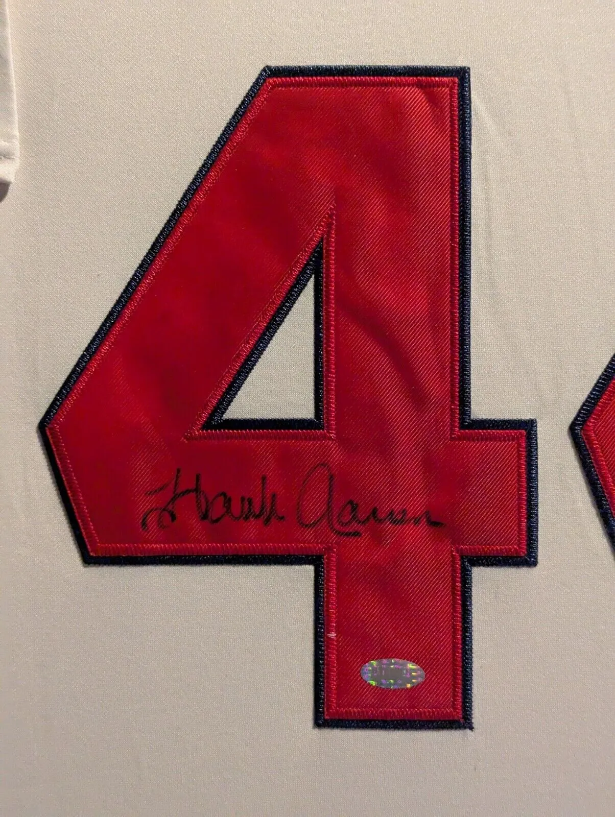 SUEDE FRAMED ATLANTA BRAVES HANK AARON AUTOGRAPHED JERSEY STEINER SPORTS HOLO