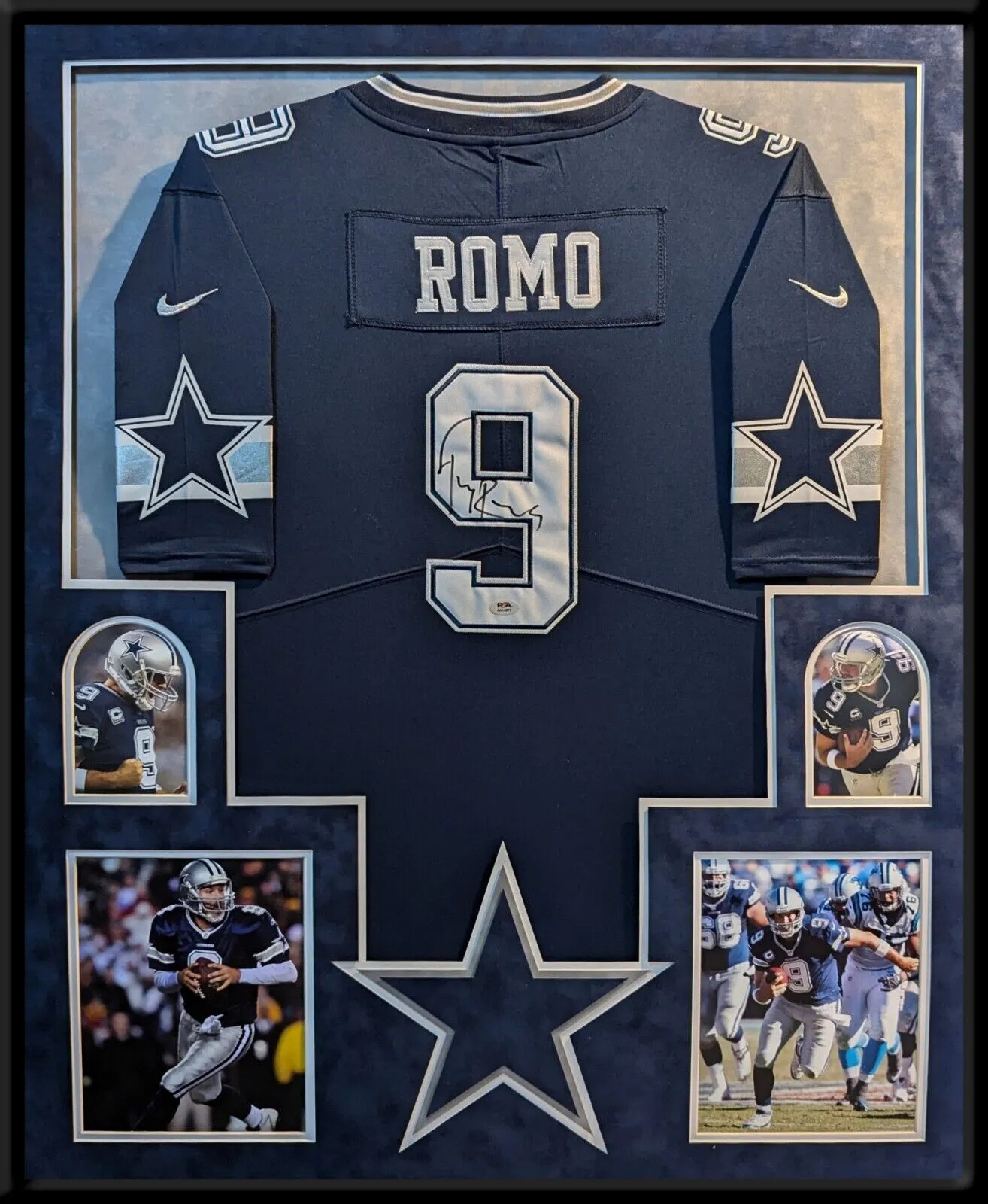 SUEDE FRAMED DALLAS COWBOYS TONY ROMO AUTOGRAPHED SIGNED JERSEY PSA HOLO