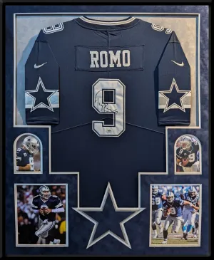 SUEDE FRAMED DALLAS COWBOYS TONY ROMO AUTOGRAPHED SIGNED JERSEY PSA HOLO