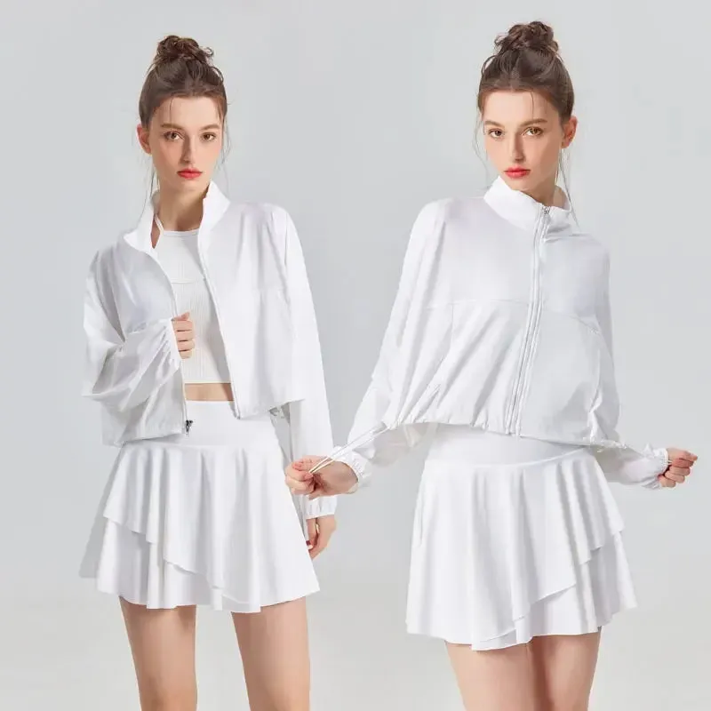 Sun Protection Women's Tennis Golf Sports Set - Outdoor Workout Long Sleeve Jacket and Pleated Skirt 2 Piece Set