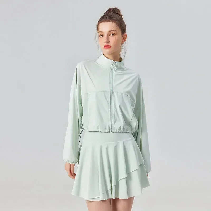 Sun Protection Women's Tennis Golf Sports Set - Outdoor Workout Long Sleeve Jacket and Pleated Skirt 2 Piece Set